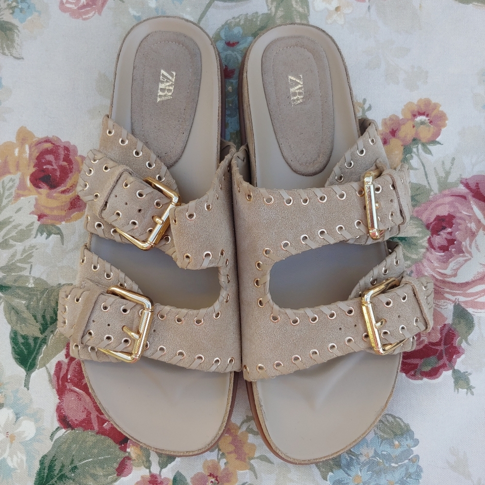 Zara Tan Suede Double Strap Slide Sandals with Gromets Women's size US 11 Euro 4 - Picture 12 of 17